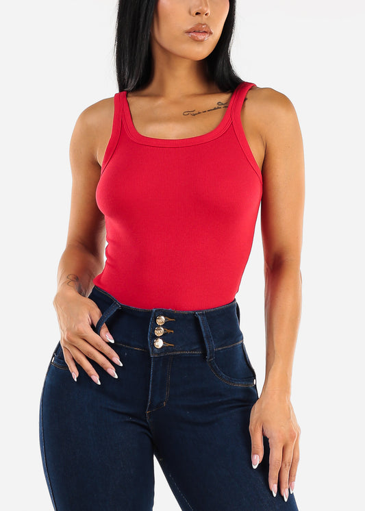 Sleeveless Scoop Neck Ribbed Tank Top Red