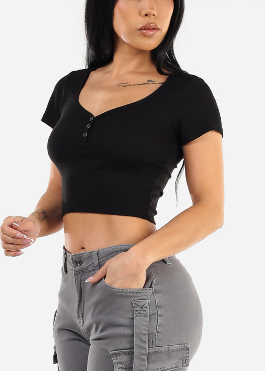 Thermal Short Sleeve Vneck Black Crop Top