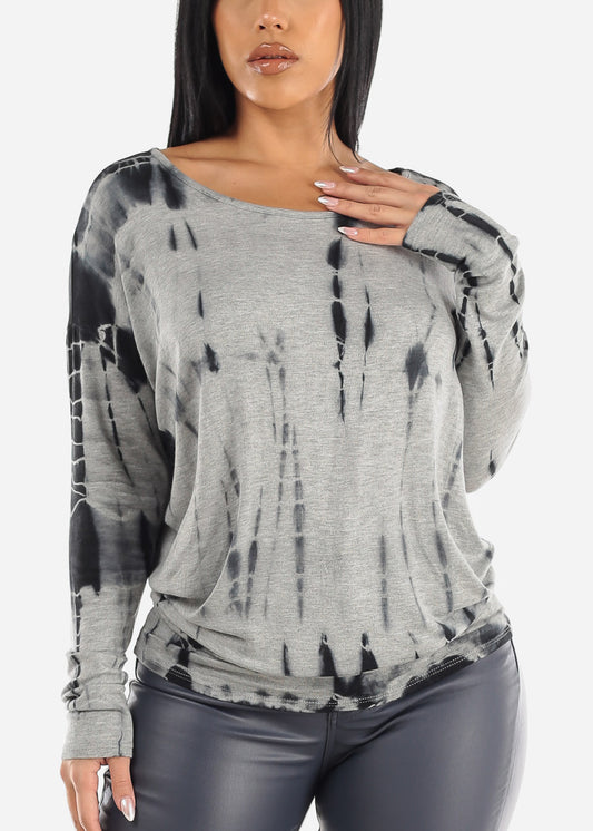 Tie Dye Long Sleeve Tunic Top Grey