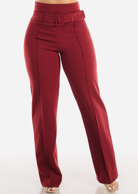 High Waist Straight Leg Stretch Dress Pants w Belt Burgundy