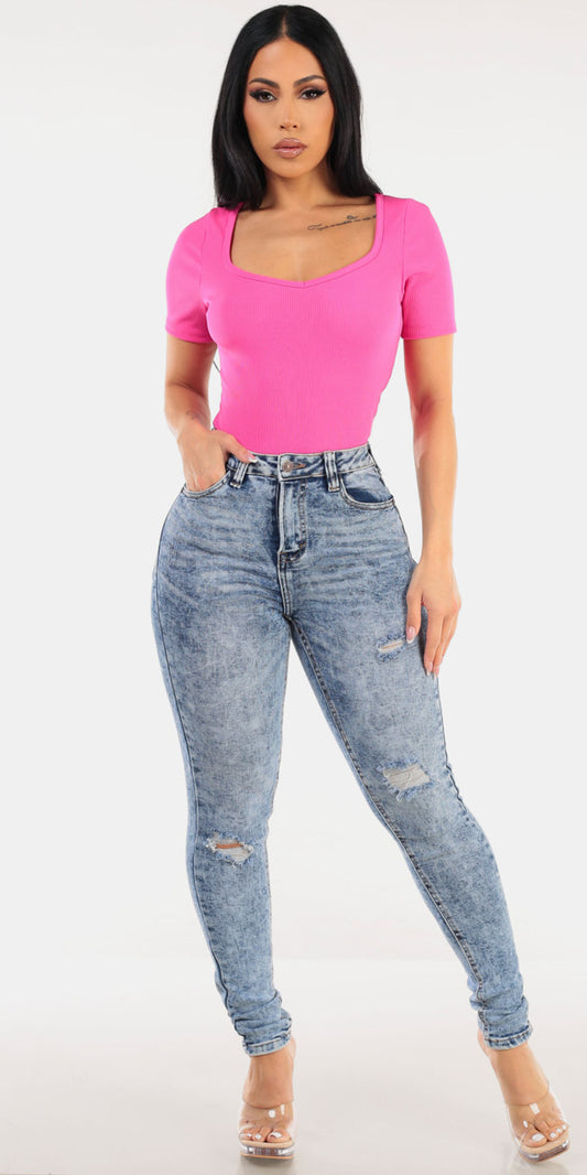 Pink Acid Wash Denim Look